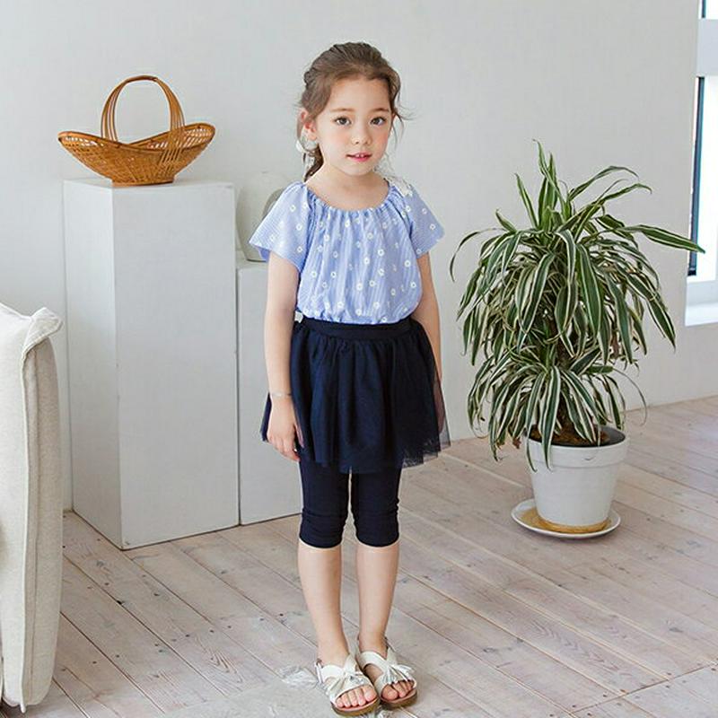【新作10%OFF】花柄ストライプゴムネックTシャツ(ブルー)・p003863 キッズ【3~8才】【tops】【トップス Tシャ