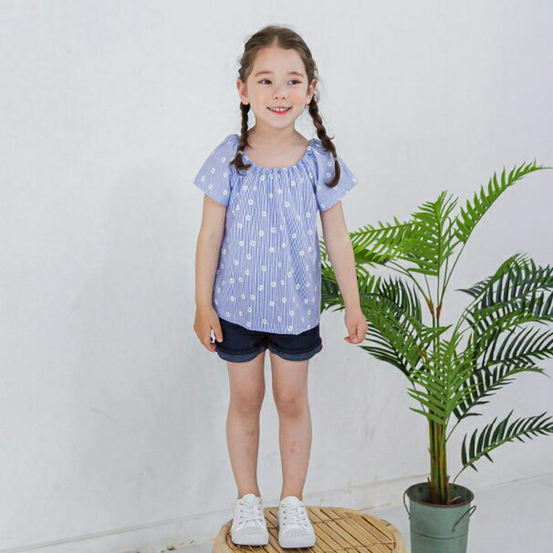 【新作10%OFF】花柄ストライプゴムネックTシャツ(ブルー)・p003863 キッズ【3~8才】【tops】【トップス Tシャ