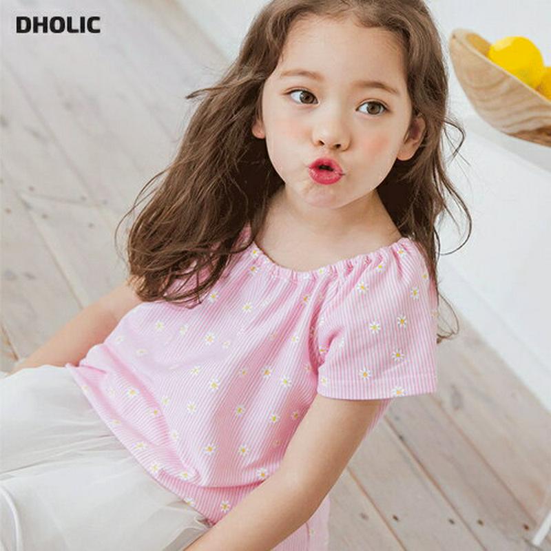 【新作10%OFF】花柄ストライプゴムネックTシャツ(ピンク)・p003861 キッズ【3~8才】【tops】【トップス Tシャ