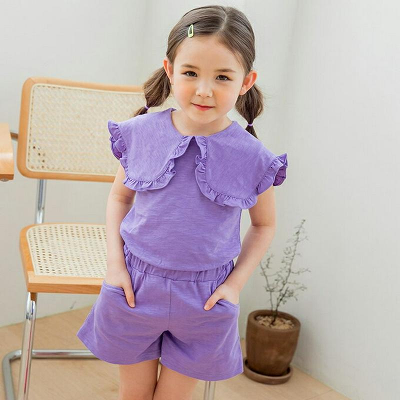 【新作10%OFF】フリルワイドカラーTシャツ&パンツSET(パープル)・p003871 キッズ【3~8才】【set】【セットア