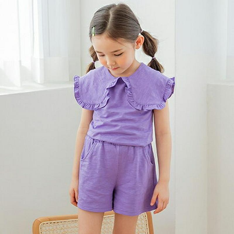 【新作10%OFF】フリルワイドカラーTシャツ&パンツSET(パープル)・p003871 キッズ【3~8才】【set】【セットア