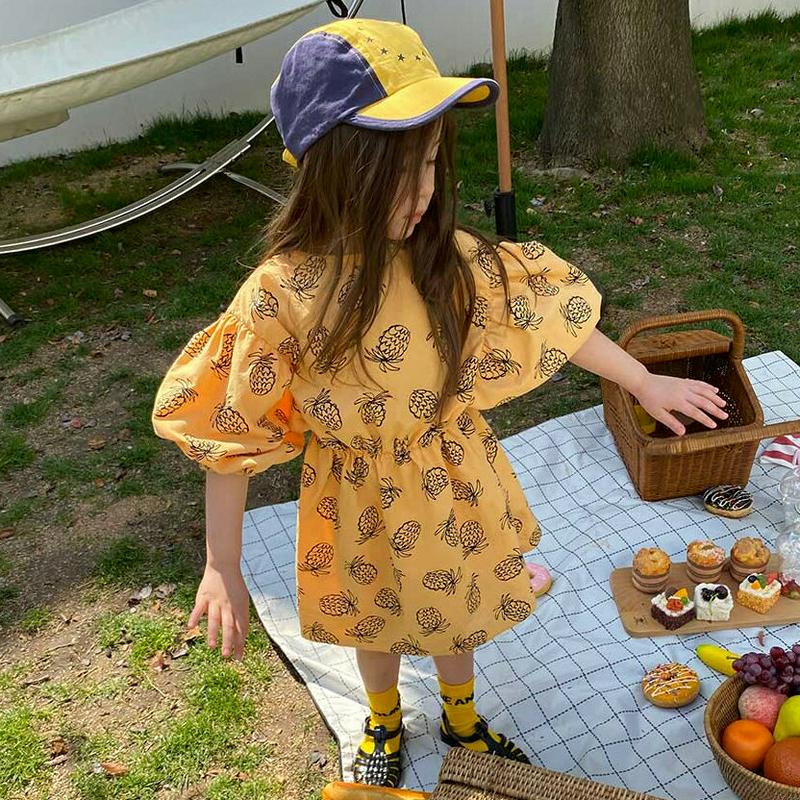 【新作10%OFF】パフパイナップル柄ワンピース u03920・キッズ 【3~8才】【ops】【韓国 ファッション ワンピース 