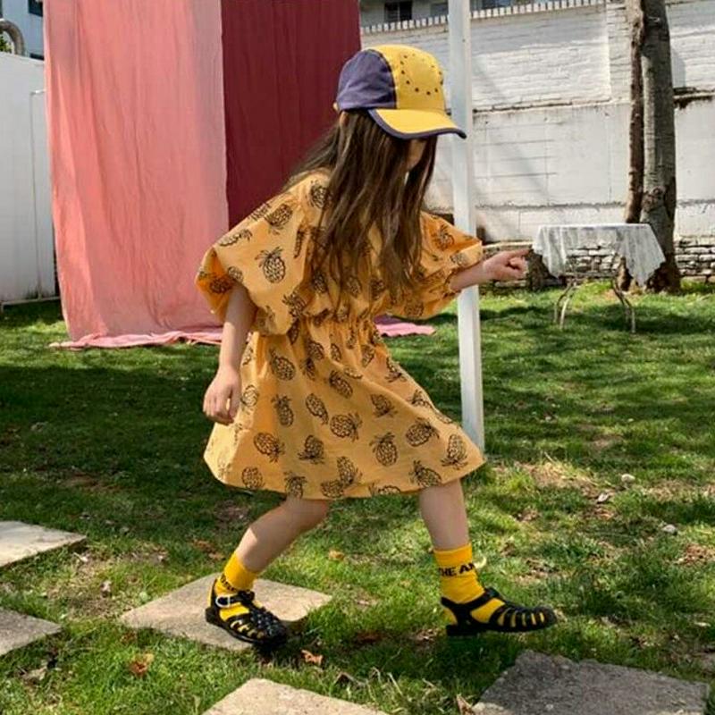 【新作10%OFF】パフパイナップル柄ワンピース u03920・キッズ 【3~8才】【ops】【韓国 ファッション ワンピース 