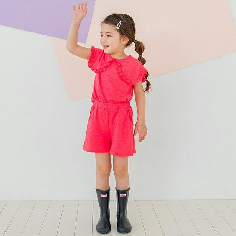 【新作10%OFF】フリルワイドカラーTシャツ&パンツSET(ピンク)・p003872 キッズ【3~8才】【set】【セットアッ