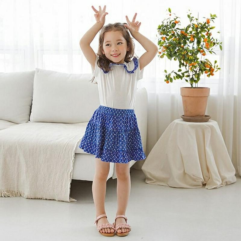 【新作10%OFF】花柄ワイドカラーTシャツ&スカートSET(ブルー)・p003874 キッズ【3~8才】【set】【セット s