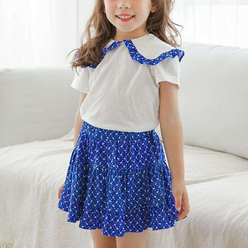 【新作10%OFF】花柄ワイドカラーTシャツ&スカートSET(ブルー)・p003874 キッズ【3~8才】【set】【セット s
