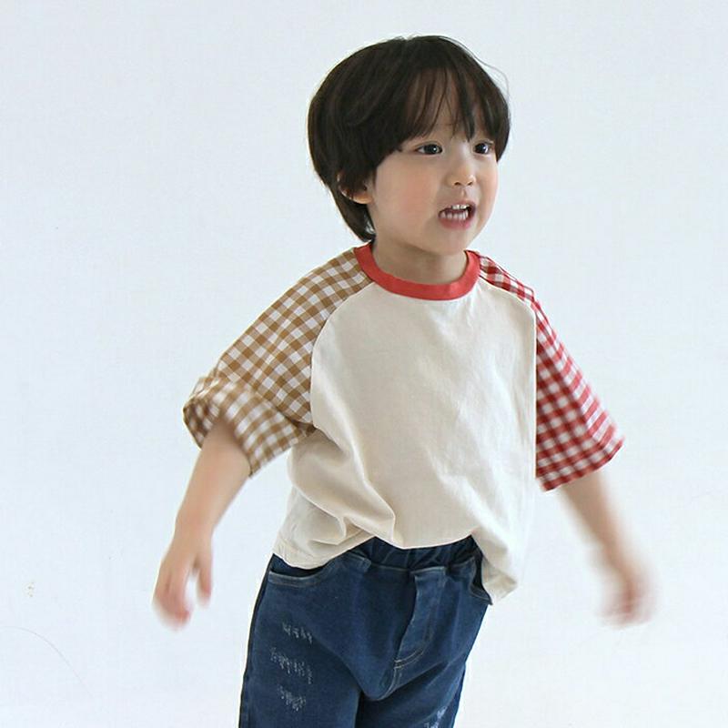 【新作10%OFF】袖チェックラグランTシャツ u02927-2・キッズ 【3~8才】【tops】【韓国 ファッション トップス