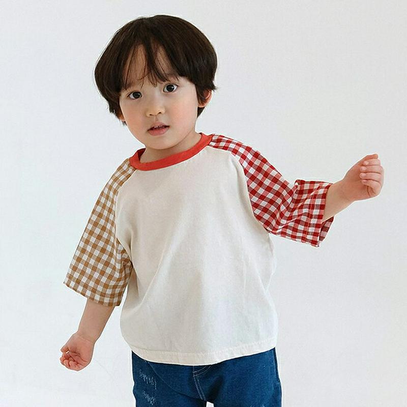 【新作10%OFF】袖チェックラグランTシャツ u02927-2・キッズ 【3~8才】【tops】【韓国 ファッション トップス