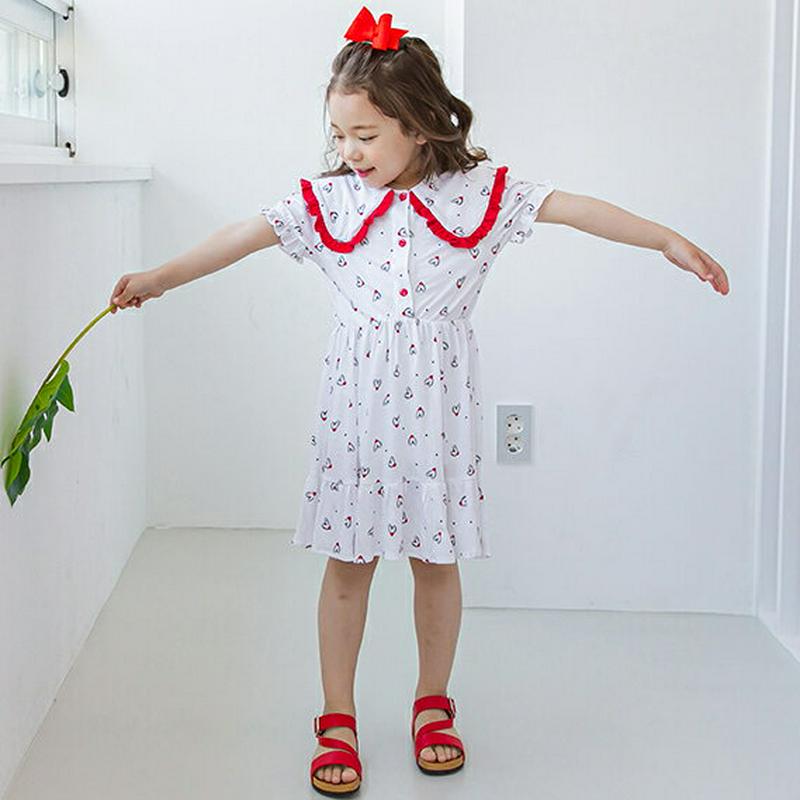 【新作10%OFF】ハート柄フリルカラーワンピース(ホワイト) p003581・キッズ 【3~8才】【ops】【韓国 ファッショ