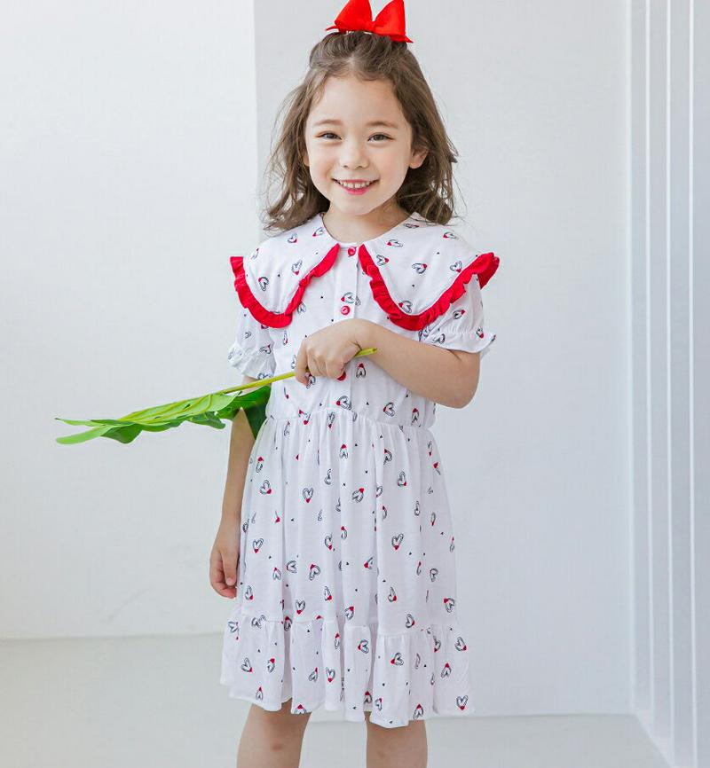 【新作10%OFF】ハート柄フリルカラーワンピース(ホワイト) p003581・キッズ 【3~8才】【ops】【韓国 ファッショ
