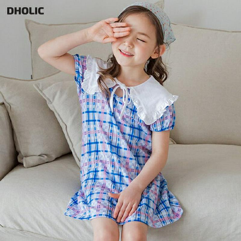 【新作10%OFF】リボンワイドカラーチェックワンピース(ブルー) p003587・キッズ 【3~8才】【ops】【韓国 ファッ