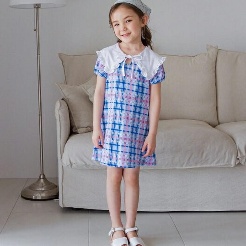 【新作10%OFF】リボンワイドカラーチェックワンピース(ブルー) p003587・キッズ 【3~8才】【ops】【韓国 ファッ