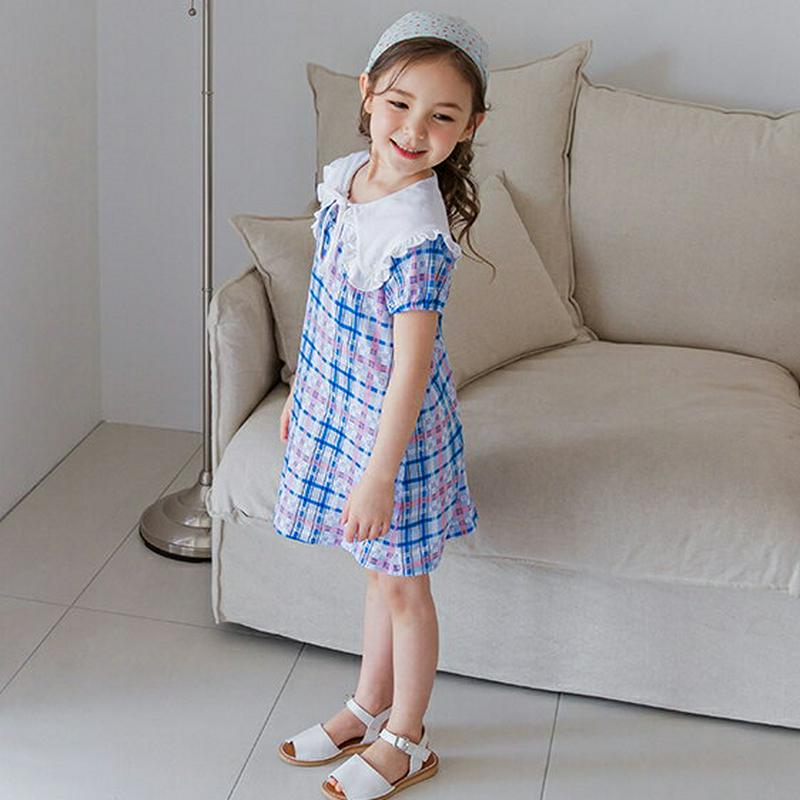 【新作10%OFF】リボンワイドカラーチェックワンピース(ブルー) p003587・キッズ 【3~8才】【ops】【韓国 ファッ