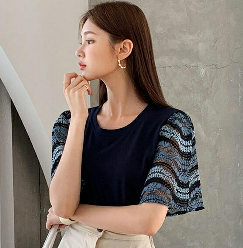 レーススリーブTシャツ・全2色・b56360 レディース【tops】【韓国 ファッション トップス Tシャツ 半袖　ハーフスリー
