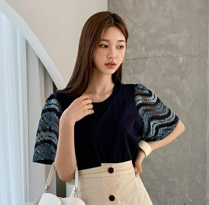 レーススリーブTシャツ・全2色・b56360 レディース【tops】【韓国 ファッション トップス Tシャツ 半袖　ハーフスリー