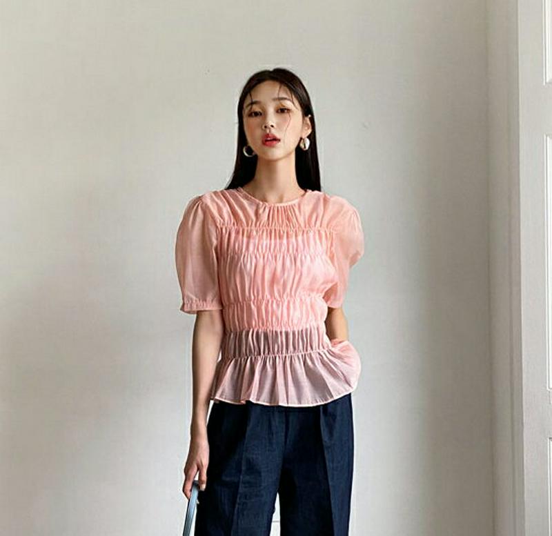 2TYPEシャーリングブラウス・全2色・b60236 レディース【tops】【韓国 ファッション トップス ハーフスリーブ 半袖