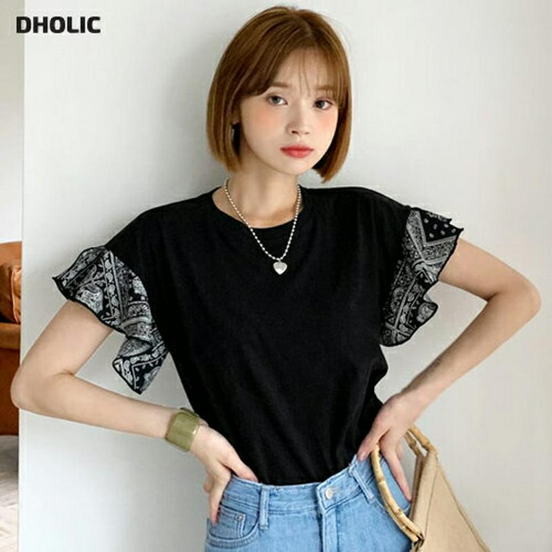 ペイズリースリーブTシャツ・全2色・b60231 レディース【tops】【韓国 ファッション トップス 半袖 ショートスリーブ 