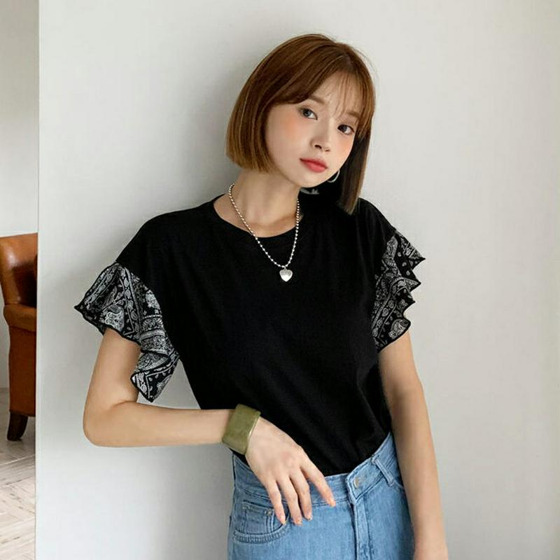 ペイズリースリーブTシャツ・全2色・b60231 レディース【tops】【韓国 ファッション トップス 半袖 ショートスリーブ 