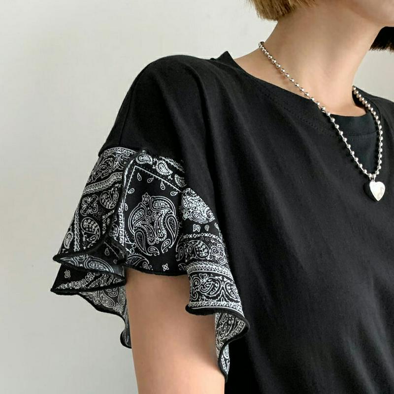 ペイズリースリーブTシャツ・全2色・b60231 レディース【tops】【韓国 ファッション トップス 半袖 ショートスリーブ 