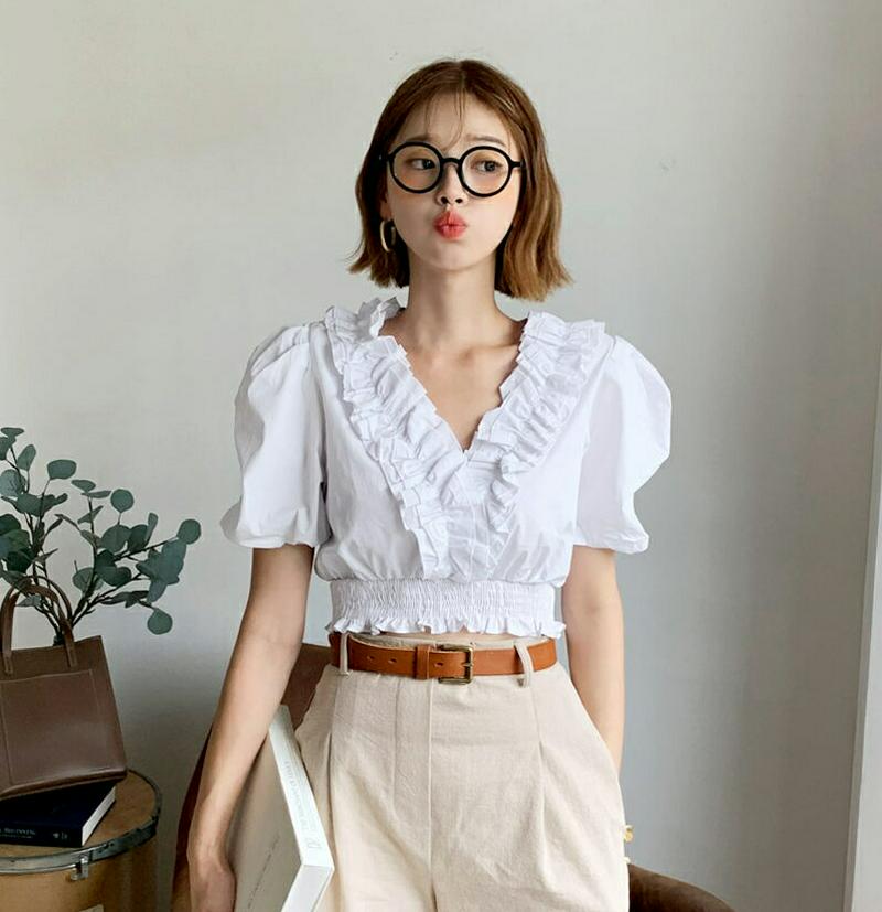 フリルクロップドブラウス・全3色・b60233 レディース【tops】【韓国 ファッション トップス 半袖 ハーフスリーブ パフ