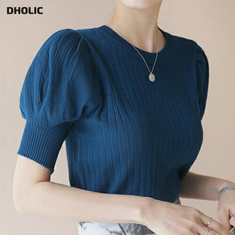即日配送 ≪人気商品再入荷≫ラウンドパフリブニット・全4色・b62994 レディース【tops】 韓国ファッション トップス ニット ニットトップス パフスリーブ シンプル 半袖 ハーフスリーブ 単色 大人 春 夏 ハイホリHIHOLLI