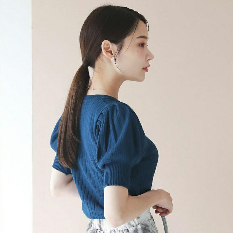 即日配送 ≪人気商品再入荷≫ラウンドパフリブニット・全4色・b62994 レディース【tops】 韓国ファッション トップス ニット ニットトップス パフスリーブ シンプル 半袖 ハーフスリーブ 単色 大人 春 夏 ハイホリHIHOLLI