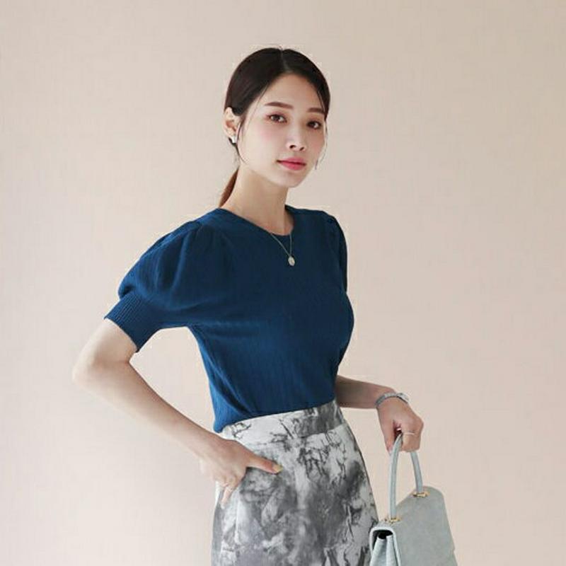 即日配送 ≪人気商品再入荷≫ラウンドパフリブニット・全4色・b62994 レディース【tops】 韓国ファッション トップス ニット ニットトップス パフスリーブ シンプル 半袖 ハーフスリーブ 単色 大人 春 夏 ハイホリHIHOLLI