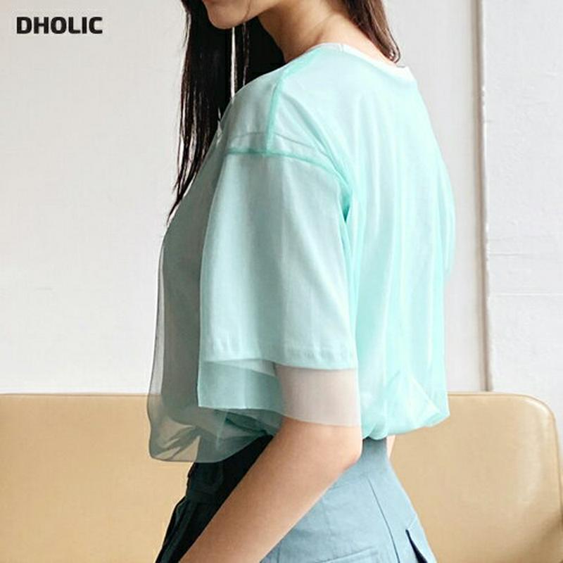 メッシュレイヤードTシャツ・全4色・b60230 レディース【tops】【韓国 ファッション トップス 半袖 ハーフスリーブ ラ