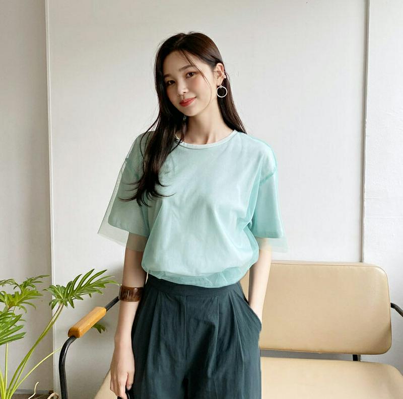 メッシュレイヤードTシャツ・全4色・b60230 レディース【tops】【韓国 ファッション トップス 半袖 ハーフスリーブ ラ