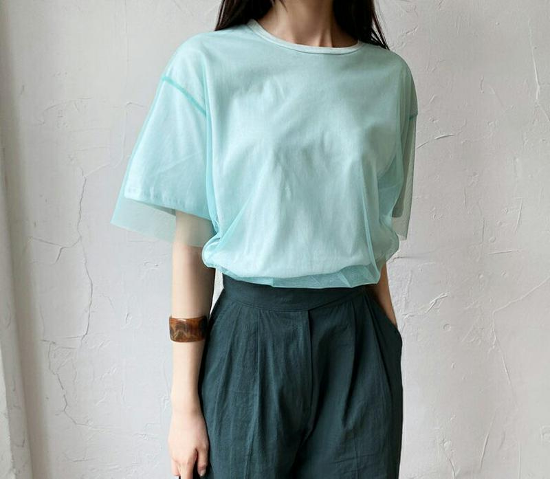 メッシュレイヤードTシャツ・全4色・b60230 レディース【tops】【韓国 ファッション トップス 半袖 ハーフスリーブ ラ