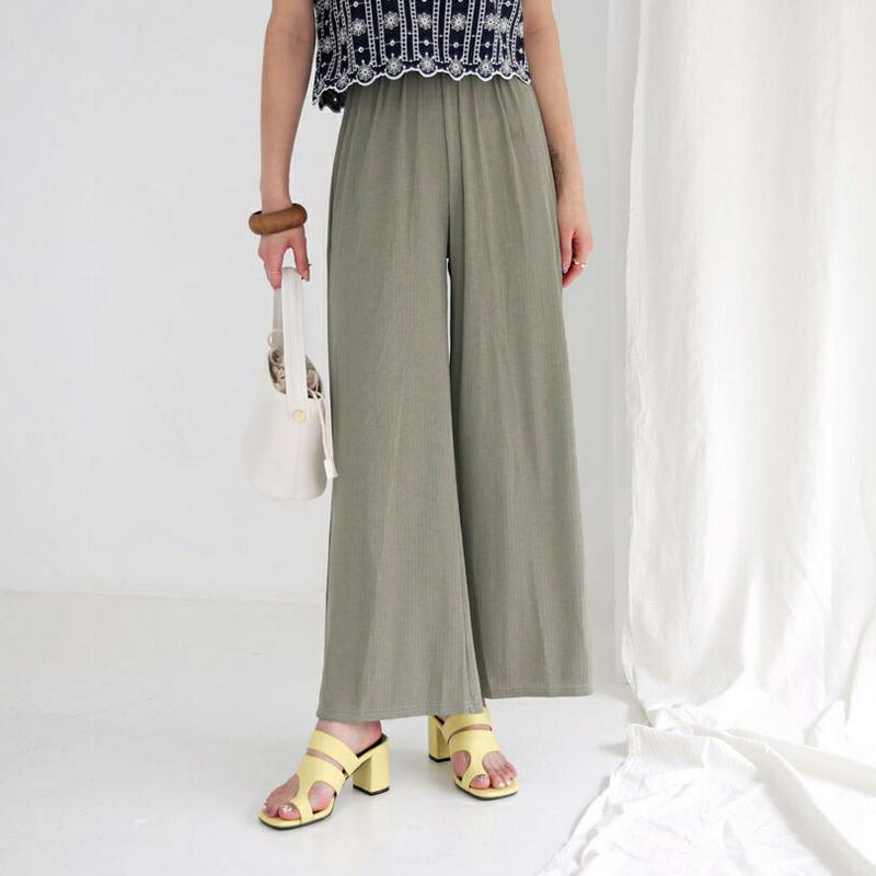 リブワイドパンツ・全2色・e56453 レディース【pt】【韓国 ファッション パンツ ワイドパンツ ズボン ボトムス リブパン
