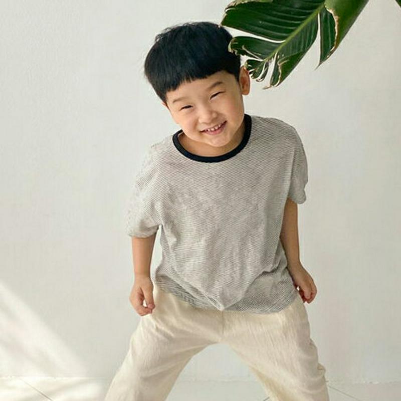 コントラストネックボーダーTシャツ・u04214・キッズ 【3~8才】【tops】【韓国 ファッション トップス Tシャツ カッ