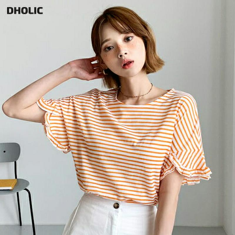 【新作10%OFF】フリルスリーブボーダーTシャツ・全3色・t56027 レディース【tops】【韓国 ファッション トップス 