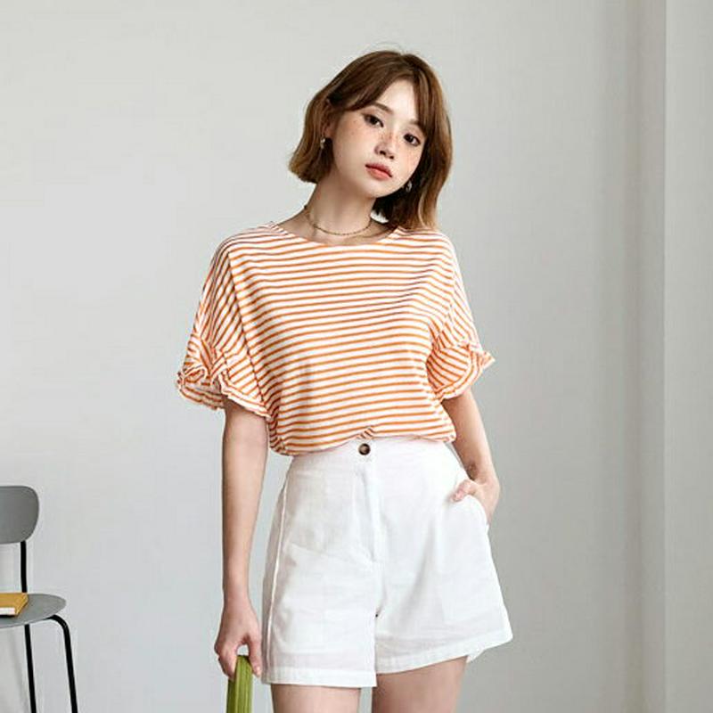 【新作10%OFF】フリルスリーブボーダーTシャツ・全3色・t56027 レディース【tops】【韓国 ファッション トップス 