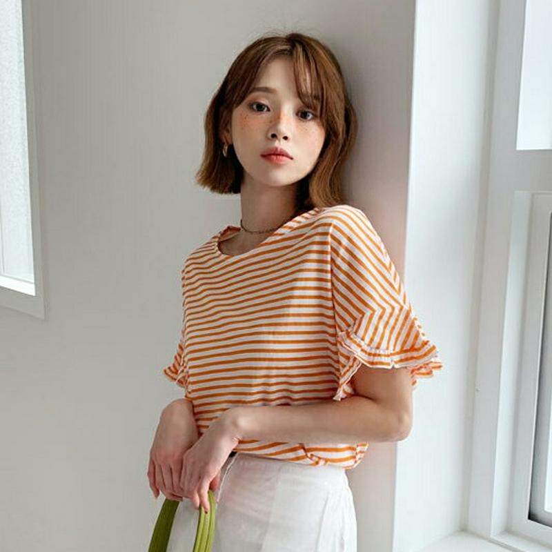 【新作10%OFF】フリルスリーブボーダーTシャツ・全3色・t56027 レディース【tops】【韓国 ファッション トップス 