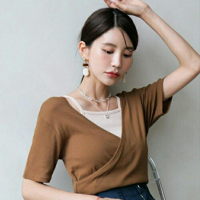 【新作10%OFF】2WAYリブ半袖Tシャツ・全5色・t56022 レディース【tops】【韓国 ファッション トップス Tシャ