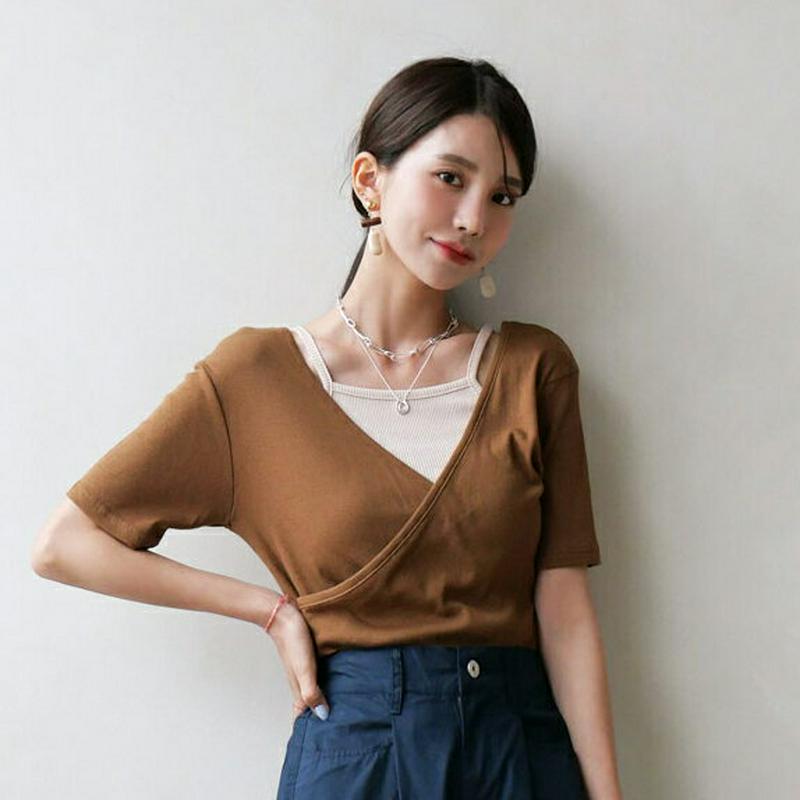【新作10%OFF】2WAYリブ半袖Tシャツ・全5色・t56022 レディース【tops】【韓国 ファッション トップス Tシャ