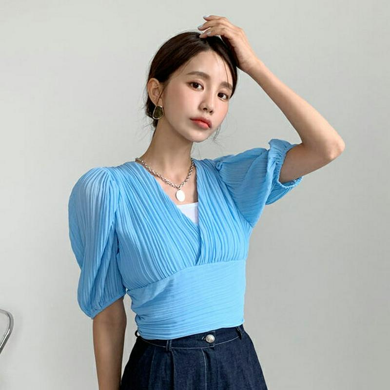 【新作10%OFF】プリーツカシュクールブラウス・全4色・b56030 レディース【bl】【韓国 ファッション トップス　ブラウ
