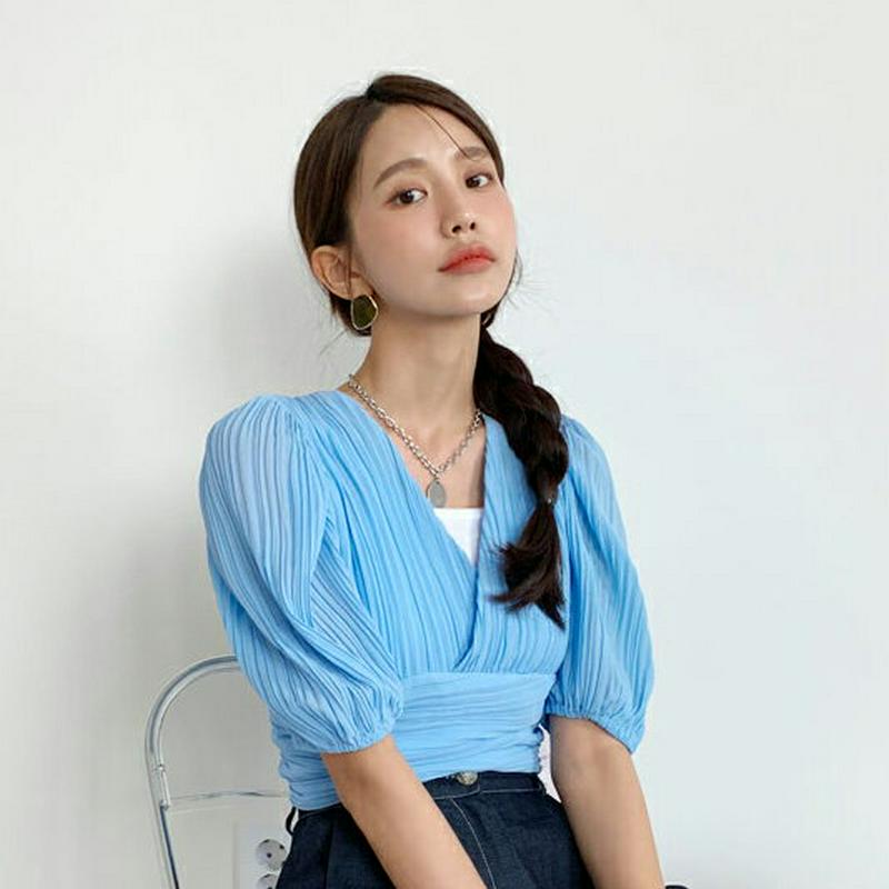 【新作10%OFF】プリーツカシュクールブラウス・全4色・b56030 レディース【bl】【韓国 ファッション トップス　ブラウ