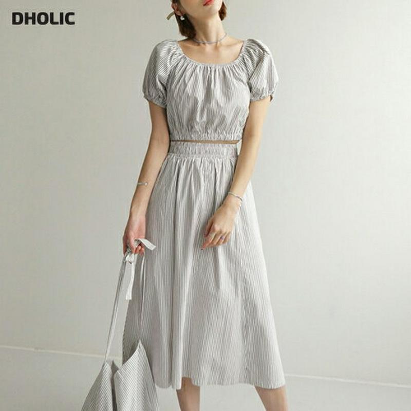 バッグ付ストライプブラウス&スカートSET・全3色・b56041 レディース【ops】【韓国 ファッション セットアップ setup トップス ブラウス 半袖 スカート ロングスカート ストライプ 柄 リネン カジュアル オフショルダー オフショル 春 夏】