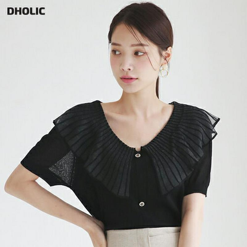 【新作10%OFF】ラッフルネックボタンニット・全2色・b62991 レディース【tops】【韓国 ファッション トップス 半袖