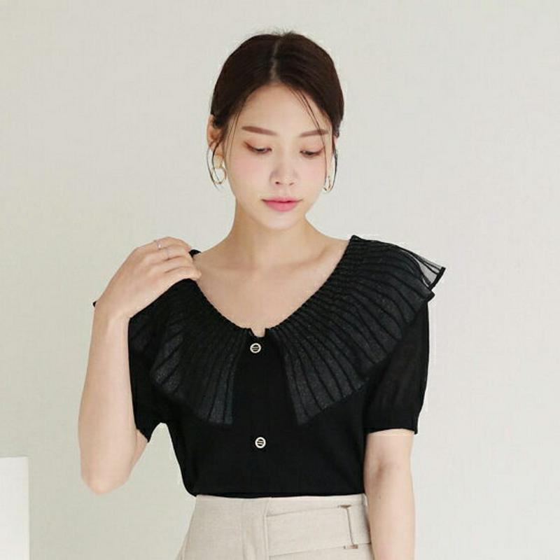 【新作10%OFF】ラッフルネックボタンニット・全2色・b62991 レディース【tops】【韓国 ファッション トップス 半袖