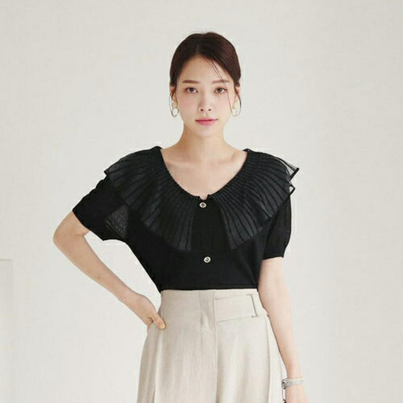 【新作10%OFF】ラッフルネックボタンニット・全2色・b62991 レディース【tops】【韓国 ファッション トップス 半袖
