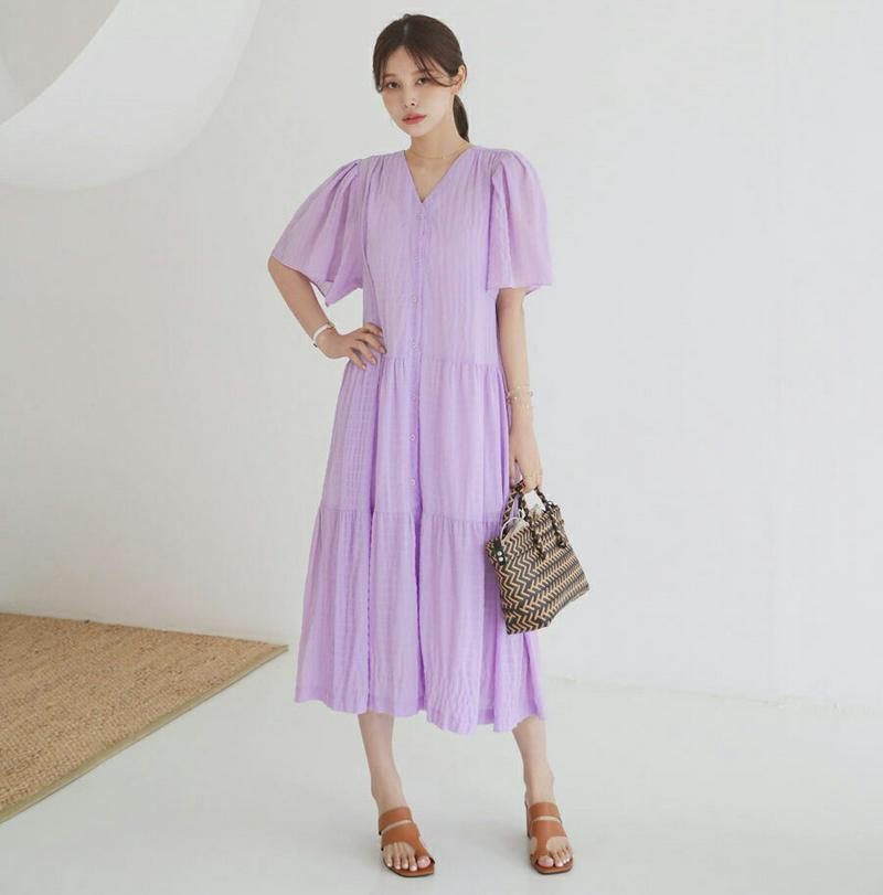 【新作10%OFF】Vネックボタンロングワンピース・全4色・b63007 レディース【ops】【韓国 ファッション ロングワンピ