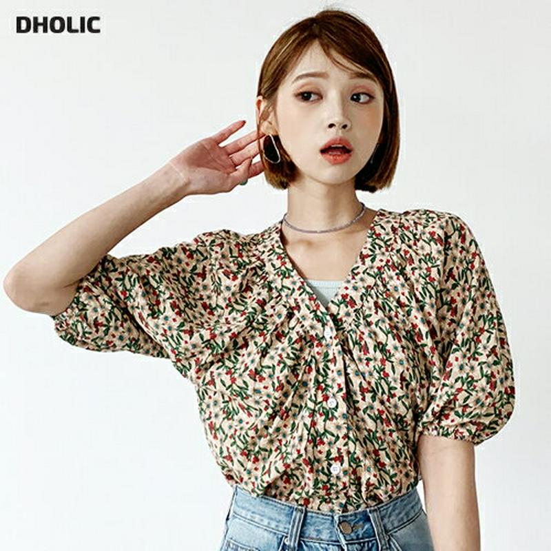 【新作10%OFF】Vネック花柄ボタンブラウス・全2色・b56031 レディース【bl】【韓国 ファッション トップス ブラウス