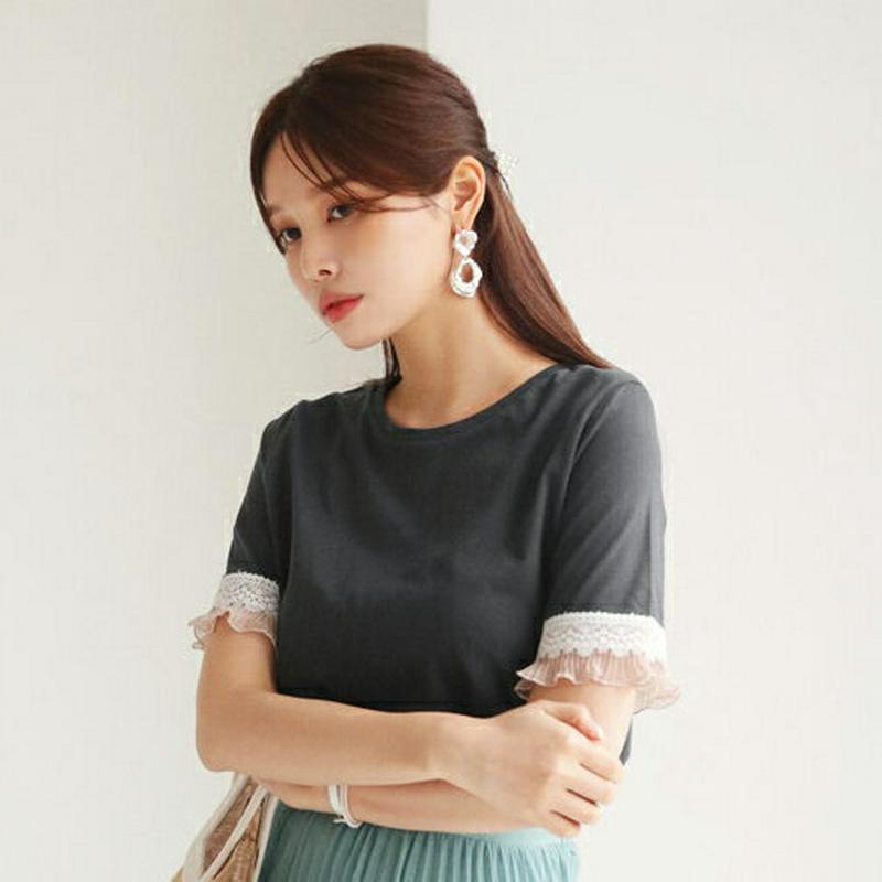 【新作10%OFF】レースフリルスリーブTシャツ・全2色・b62989 レディース【tops】【韓国 ファッション トップス T
