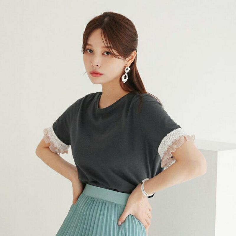 【新作10%OFF】レースフリルスリーブTシャツ・全2色・b62989 レディース【tops】【韓国 ファッション トップス T