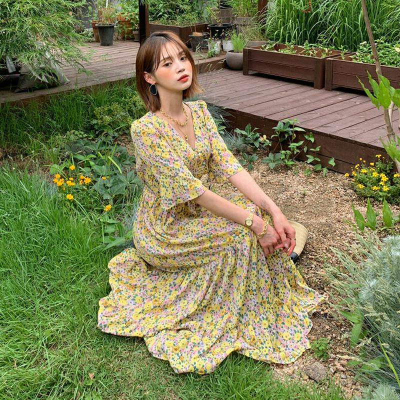 【只今10%OFF】フローラルVネックワンピース・全2色・b55944 レディース【ops】【韓国 ファッション ワンピース ロ