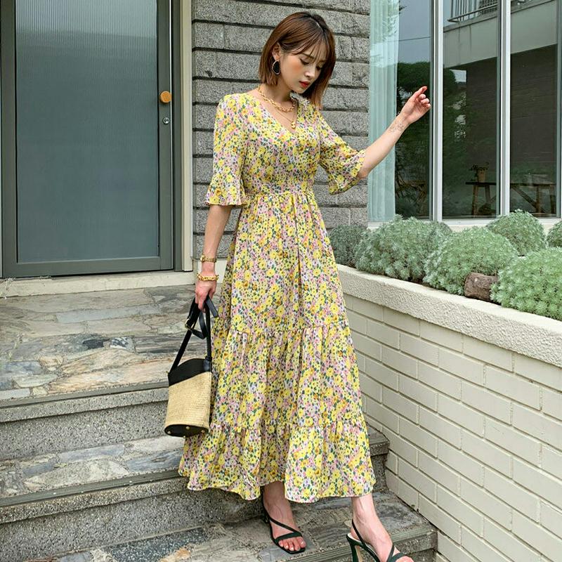 【只今10%OFF】フローラルVネックワンピース・全2色・b55944 レディース【ops】【韓国 ファッション ワンピース ロ