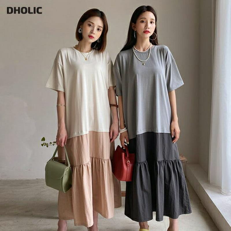 【只今10%OFF】フレア配色ワンピース・全2色・b55945 レディース【ops】【韓国 ファッション ワンピース ロング ロ